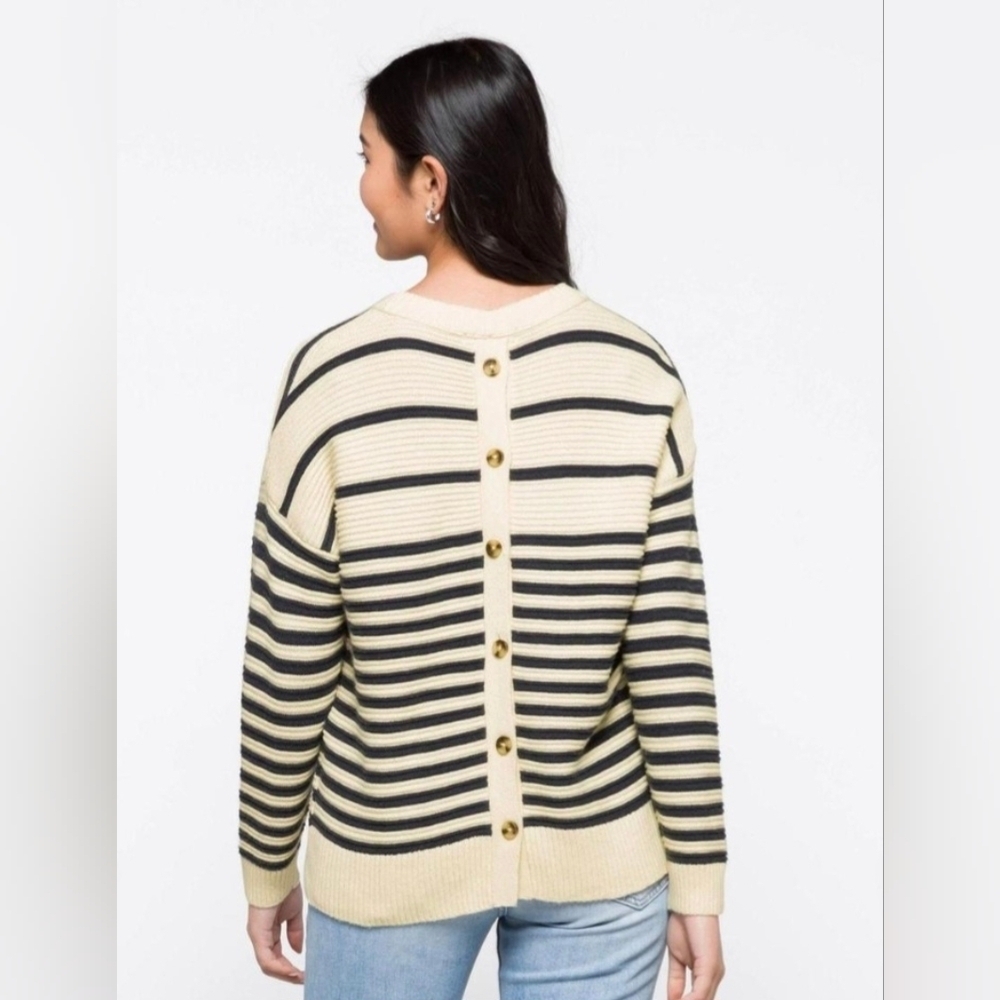 Madewell Blue and Cream Striped Greensboro Sweater With Button Back Large